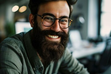 Portrait of handsome bearded hipster man in eyeglasses sitting in cafe - obrazy, fototapety, plakaty