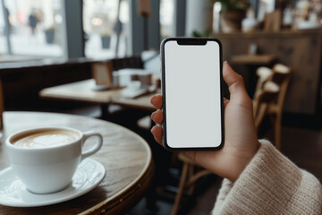  Mockup, hand holding using mobile phone at coffee shop