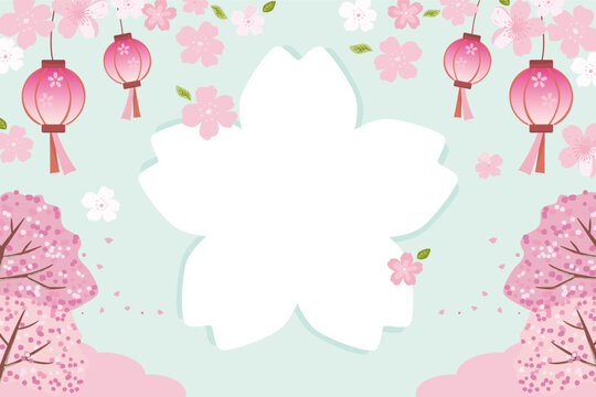 Vector background illustration of cherry blossom flowers with hanging lantern, celebrating the beautiful spring. © KY