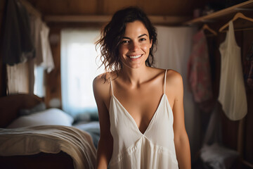 Beautiful mature woman wakes up in white pajamas, bedroom atmosphere in the morning