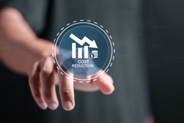 Cost reduction business finance concept. Person hold virtual cost reduction icon for budget management and cost management.