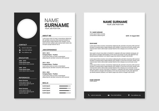 Modern Resume and Cover Letter Layout design template. Minimalist CV resume template for job applications. Vector illustration