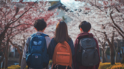 新しく小学生になる3人がどきどきしながら桜並木を歩いている後ろ姿、リュックを背負った新入生 - obrazy, fototapety, plakaty