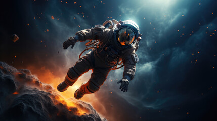 Fototapeta na wymiar An astronaut in space suit drifting over a fiery cosmic backdrop