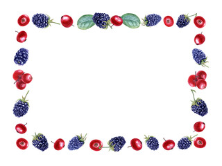Forest berries with green leaves. Horizontal frame. Bearberries, cowberries. Blackberry, dewberry. Watercolor illustration isolated on white. Space for text. For postcard design, label.