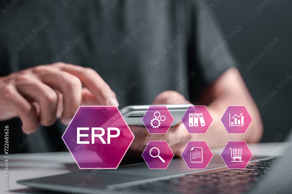 Poster erp or enterprise resource planning concept. person use laptop with virtual erp icon for document ma