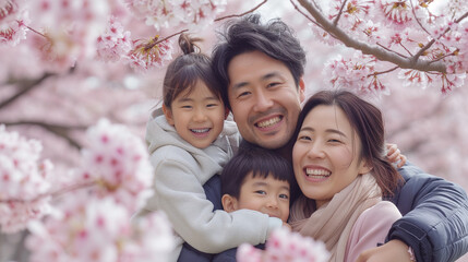 満開の桜の花の中で日本の家族4人が楽しそうに笑顔で自撮りしている写真、お花見 - obrazy, fototapety, plakaty