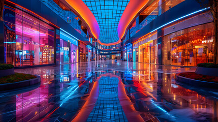 Shopping Mall, Glass Facade, Mirrored Surfaces, Unique Details, Vibrant and Bold, Retail, Internal...