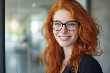 Bright and inviting portrait of a red-haired woman with glasses, smiling confidently in a professional office environment.