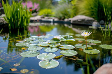 Classic pond with lily pads, flowers and reflecting water, natural scene