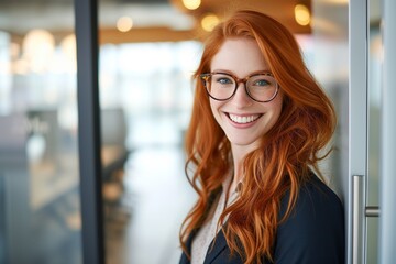 Bright and inviting portrait of a red-haired woman with glasses, smiling confidently in a professional office environment.