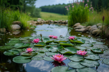 Pink flower pond with lily pads, flowers and reflecting water, natural scene