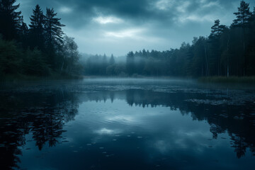 Fototapeta premium Dark clouds over pond, reflecting water, natural scene