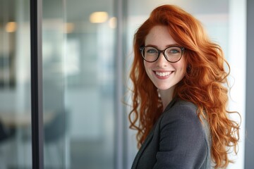 Bright and inviting portrait of a red-haired woman with glasses, smiling confidently in a professional office environment.