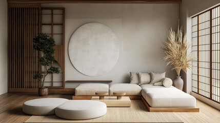Home mockup living room in Japandi style. Generative AI