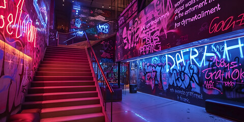 "Street Art Wonderland: Neon-lit Reflections on Stairs and Graffiti-Adorned Walls"
