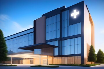 view of tall hospital building with health symbol and copy space area