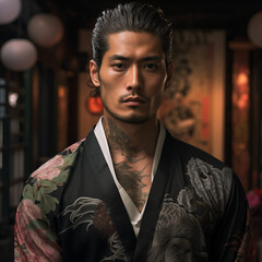 Portrait of a man with the formidable presence of a Yakuza, featuring Irezumi tattoos symbolizing strength and loyalty, his stance and gaze reflecting the culture's respect and authority.
