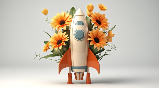 A spacecraft travels with flowers in the surreal image