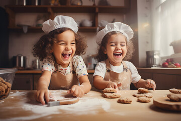 the cute child wearing chef hats and aprons, are engaged in baking. They work on dough placed on a wooden surface, surrounded by various baking tools and ingredients - obrazy, fototapety, plakaty