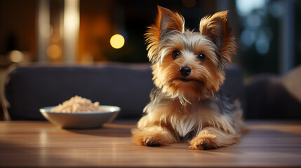 Cute yorkshire terrier with bowl of food on table at home