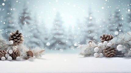 Naklejka na ściany i meble Cold Winter Nature Scene with Snow, Fairy Lights, Holly and Pinecones, White Background 