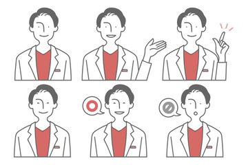 Avatar illustration set of man wearing white coats with various expressions/様々な表情の白衣を着た男性のアバターイラストセット