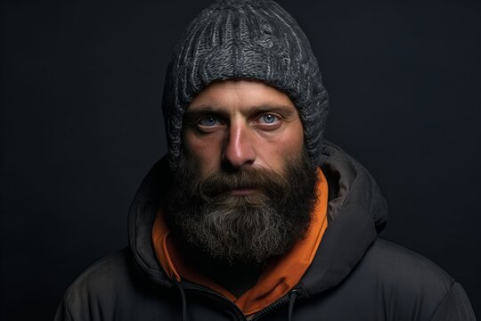 Portrait of a bearded man in a warm hat and jacket.