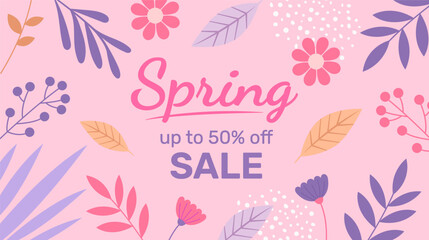 Spring Sale Header or Banner Design, Minimalistic style with floral elements and texture. Editable vector template for card, banner, invitation, social media post, poster, mobile apps, web ads