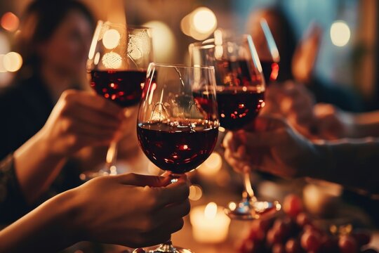 Hand holding glass of red wine , people cheering, cheers, spending a moment together with friends, party, happy moment, wine tasting, cheering, family, Generative AI