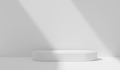 Pedestal product placement natural sunlight shadow on white plaster wall background. Podium for overlay on product presentation, Space for text. Studio branding interior concept 3d render