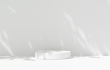 Podium sunlight leaves shadow background products. Abstract white studio background for product presentation. Mock up for exhibitions. pedestal  stand to show cosmetic products. 3d rendering