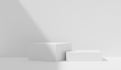 Step podium  product placement natural sunlight shadow on white plaster wall background. Pedestal for overlay on product presentation, Space for text. Studio branding interior concept. 3d render