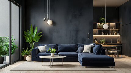 Modern home interior mock-up with dark blue sofa table. Generative AI