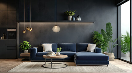 Modern home interior mock-up with dark blue sofa table. Generative AI