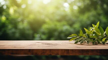 Fototapeta premium Wooden Desk and Forest Background. Generative AI.