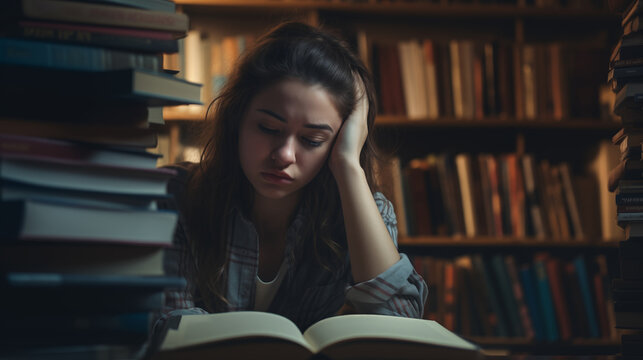 Stressed Student Clutching Head in Library, Generative AI.