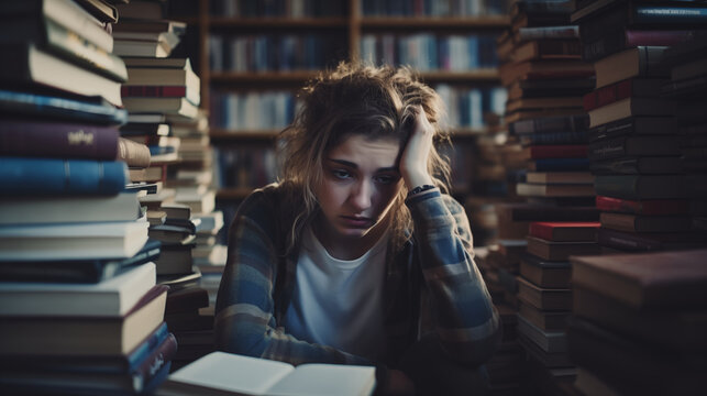 Stressed Student Clutching Head in Library, Generative AI.