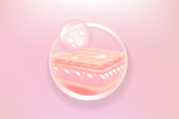 Hyaluronic acid hair and skin solutions ad, pink collagen serum drop into skin cells with cosmetic advertising background ready to use, illustration vector.