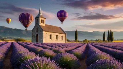 Gordijnen Purple lavender fields in bloom with a stone church in background, generative ai © SvetlanaSF