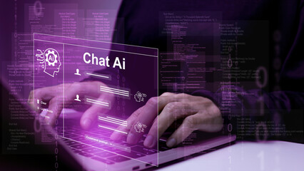 Woman using laptop and smartphone chat with AI to connecting smart robot AI, enter command prompt for generate idea, prompt engineering, futuristic technology transformation, solve problem, SEO.