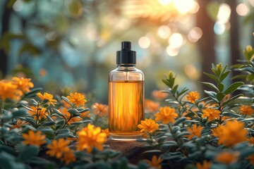 Fototapeta premium Yellow bottle of perfume on the background of landscape. Cosmetic Serum Bottle