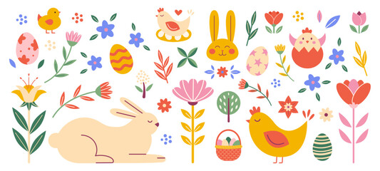 Easter set elements minimalist hand drawn design. Bunny, dyed eggs, chick, colorful flowers. Spring abstract decoration symbol. Vector illustration - obrazy, fototapety, plakaty