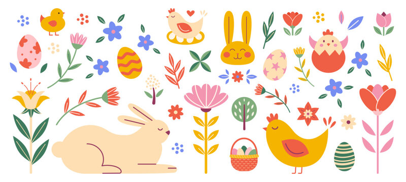 Easter set elements minimalist hand drawn design. Bunny, dyed eggs, chick, colorful flowers. Spring abstract decoration symbol. Vector illustration