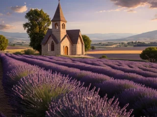 Zelfklevend Fotobehang Purple lavender fields in bloom with a stone church in background, generative ai © SvetlanaSF