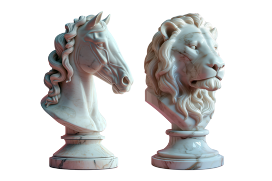 marble stone horse and lion head plinth statues on transparent background
