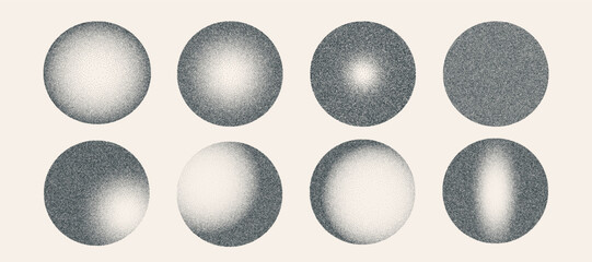 Spheres black dot grain texture set. Stippling, dotwork noise pattern on shape. Pointillism