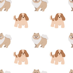 Vector seamless pattern with cute dog isolated on white background