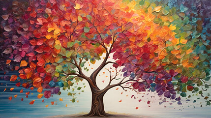 autumn tree with colorful leaves, pointilism art style. generated by Ai.