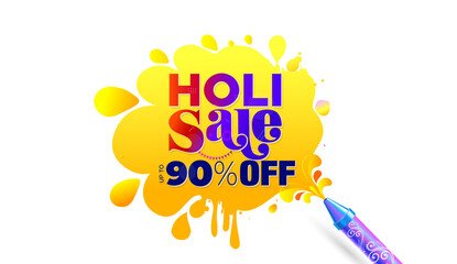 Vector illustration of Holi festival shopping, up to 90% off, sale, offer, deal, discount logo text and color splash background.